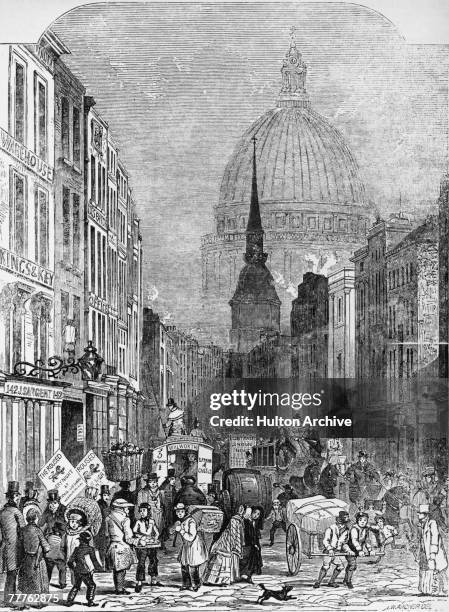 London's Fleet Street, leading to St Paul's Cathedral, 1848. After a drawing by J. W. Archer.