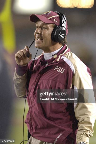 Offensive coordinator Jimbo Fisher of the Florida State Seminoles directs play against the Duke Blue Devils at Doak Campbell Stadium on October 27,...