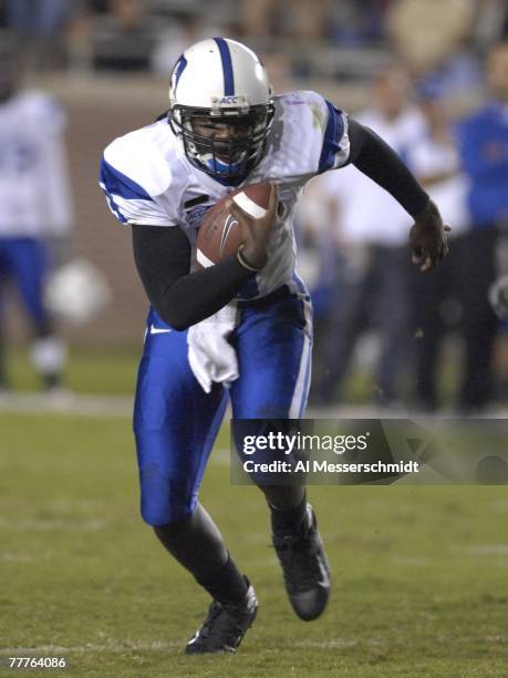 Quarterback Thaddeus Lewis of the Duke Blue Devils rushes against the Florida State Seminoles at Doak Campbell Stadium on October 27, 2007 in...