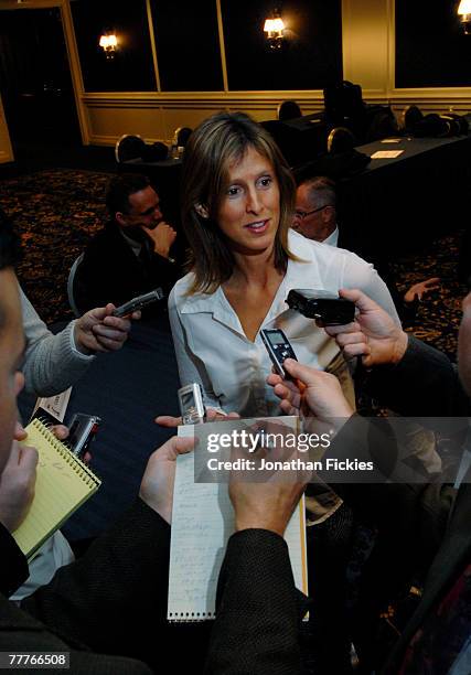 Cammi Granato, U.S. Olympic gold and silver medalist, speaks during a media availability prior to receiving the 2007 Lester Patrick Award November 7,...