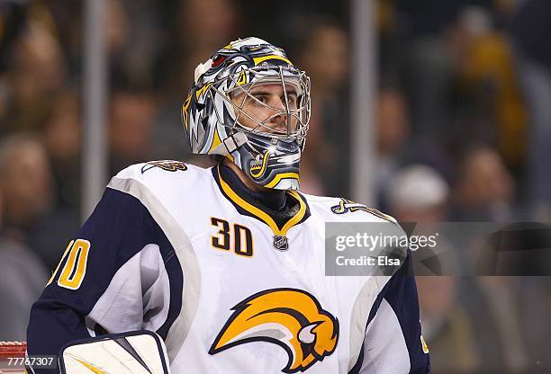 Goaltender Ryan Miller of the Buffalo Sabres looks on from his net area during their NHL game against the Boston Bruins on November 1, 2007 at the TD...