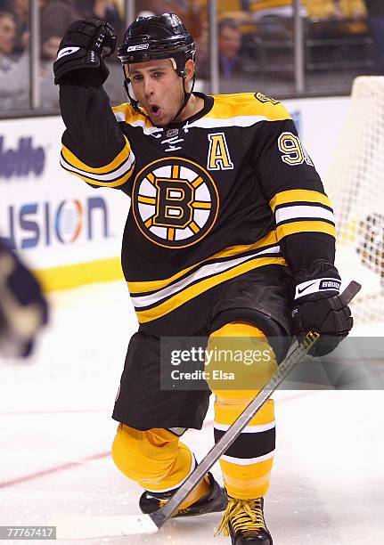 Marc Savard of the Boston Bruins celebrates during their NHL game against the Buffalo Sabres on November 1, 2007 at the TD Banknorth Garden in...