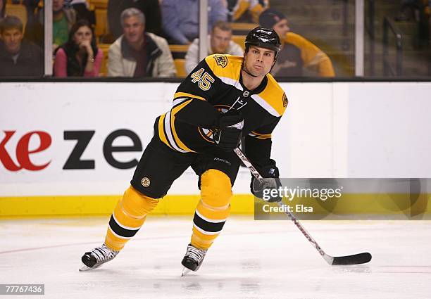 Mark Stuart of the Boston Bruins skates against the Buffalo Sabres during their NHL game on November 1, 2007 at the TD Banknorth Garden in Boston,...