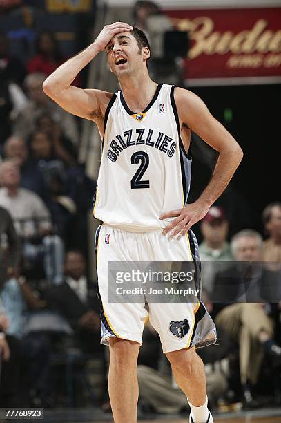 Juan Carlos Navarro of the Memphis Grizzlies reacts after a play during a game against the San Antonio Spurs at the FedExForum on October 31, 2007 in...