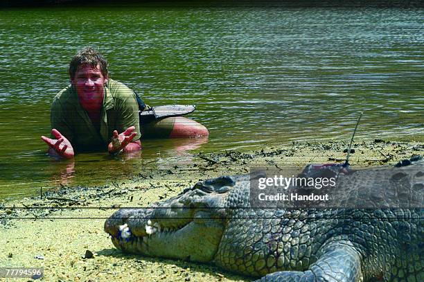 Steve Irwin poses with a crocodile at Australia Zoo September 16, 2006 in Beerwah, Australia.