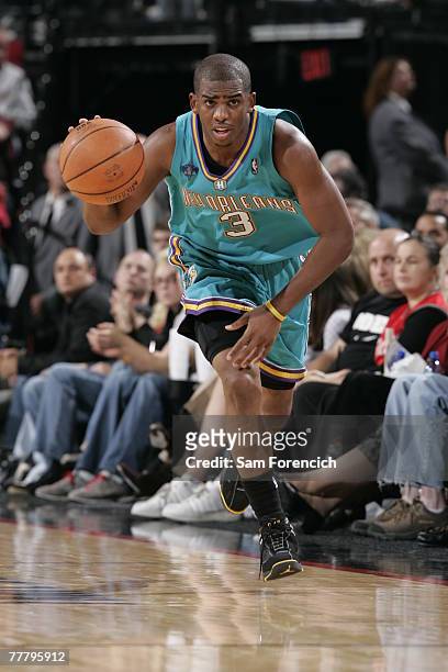 Chris Paul of the New Orleans Hornets drives down the court during a game against the Portland Trail Blazers on November 7, 2007 at the Rose Garden...