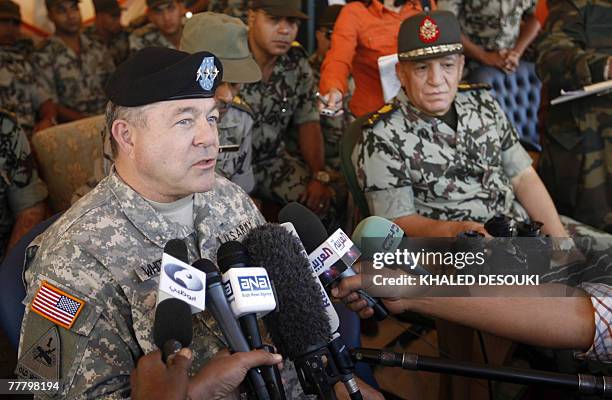 Lieutenant General Steven Whitcomb , US third Army Commanding General, speaks to the press as Egyptian Chief of Military Staff Lieutenant General...