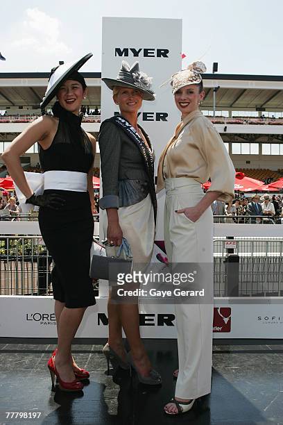 Winner of the Fashions On The Field best dressed award, Lorraine Cookson poses during the Myer Fashions On The Field event on Crown Oaks Day as part...