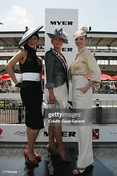 Winner of the Fashions On The Field best dressed award, Lorraine Cookson poses during the Myer Fashions On The Field event on Crown Oaks Day as part...