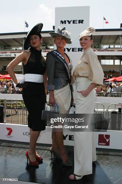 Winner of the Fashions On The Field best dressed award, Lorraine Cookson poses during the Myer Fashions On The Field event on Crown Oaks Day as part...