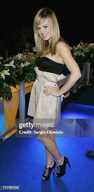 Amy Erbacher attends a naming ceremony of Australia's first superliner the 'Pacific Dawn' at the Overseas passenger terminal at Circular Quay on...