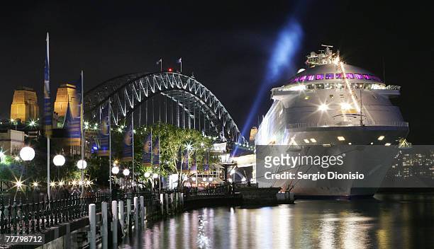 The liner is lit up during the naming ceremony of Australia's first superliner the 'Pacific Dawn' at the Overseas passenger terminal at Circular Quay...