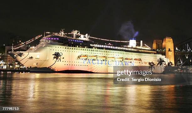 The liner is lit up during the naming ceremony of Australia's first superliner the 'Pacific Dawn' at the Overseas passenger terminal at Circular Quay...