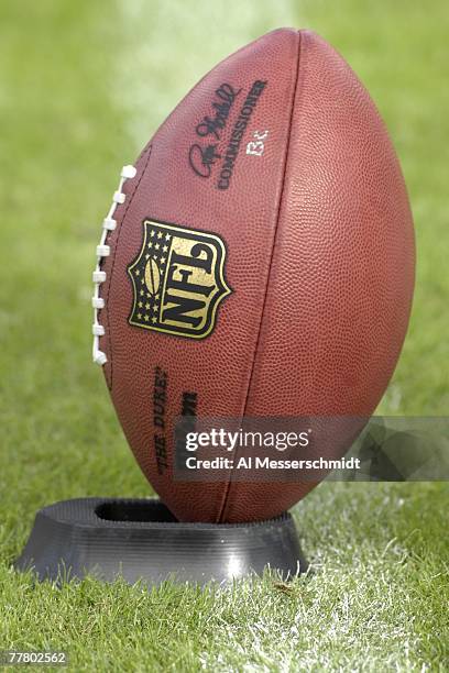 An NFL football sets on a kicking tee as the Tampa Bay Buccaneers host the Jacksonville Jaguars at Raymond James Stadium on October 28, 2007 in...