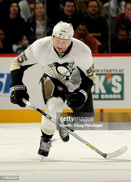 Sergei Gonchar of the Pittsburgh Penguins skates against the Colorado Avalanche during NHL action at the Pepsi Center on November 1, 2007 in Denver,...