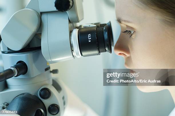 Someone Using Optical Microscope Person Looking Into Microscope Photos and Premium High Res Pictures ...