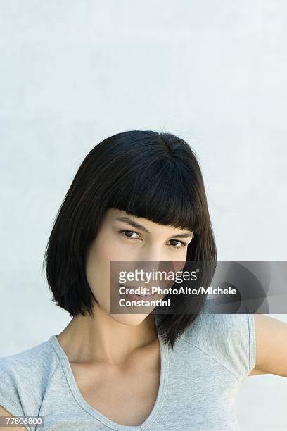 young woman, smiling at camera, portrait - neckline stock pictures, royalty-free photos & images