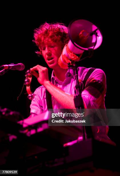 Drummer Jeremy Gara of the Canadian indie rock band Arcade Fire performs live during a concert at the Columbiahalle on November 08, 2007 in Berlin,...