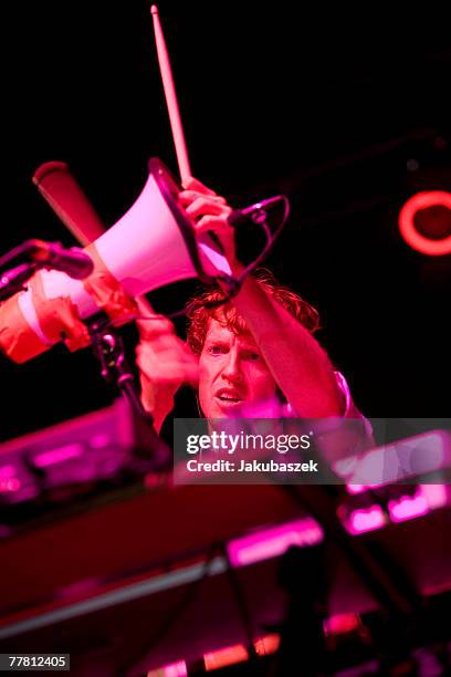 Drummer Jeremy Gara of the Canadian indie rock band Arcade Fire performs live during a concert at the Columbiahalle on November 08, 2007 in Berlin,...