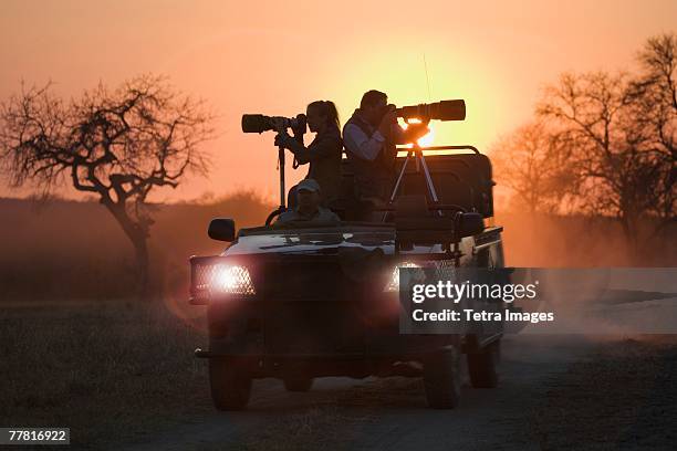 photographers riding on all terrain vehicle - kruger-national-park stockfoto's en -beelden