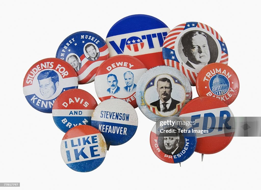 Close up of assorted presidential election pins