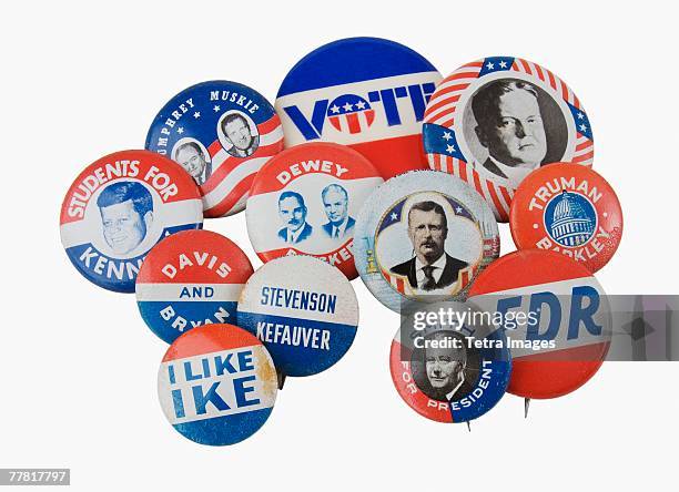 close up of assorted presidential election pins - campaign button stock pictures, royalty-free photos & images