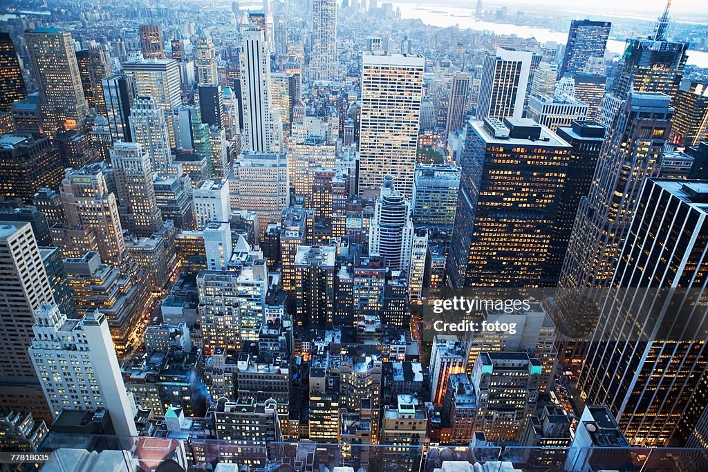 Aerial view of New York City at dusk