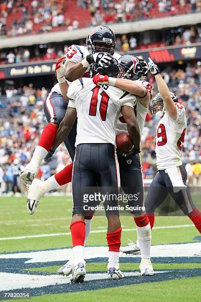 Andre Davis of the Houston Texans celebrate with teammates during the game against the Tennessee Titans at Reliant Stadium October 21, 2007 in...