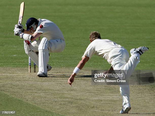 Ryan Harris of the Redbacks bowls a bouncer at Grant Lambert of the Blues during day one of the Pura Cup match between the South Australian Redbacks...