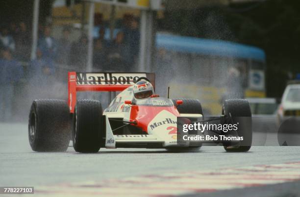 Swedish racing driver Stefan Johansson drives the Marlboro McLaren International McLaren MP4/3 TAG TTE PO1 1.5 V6t to finish in 2nd place in the 1987...