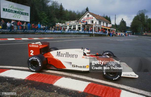 Swedish racing driver Stefan Johansson drives the Marlboro McLaren International McLaren MP4/3 TAG TTE PO1 1.5 V6t to finish in 2nd place in the 1987...