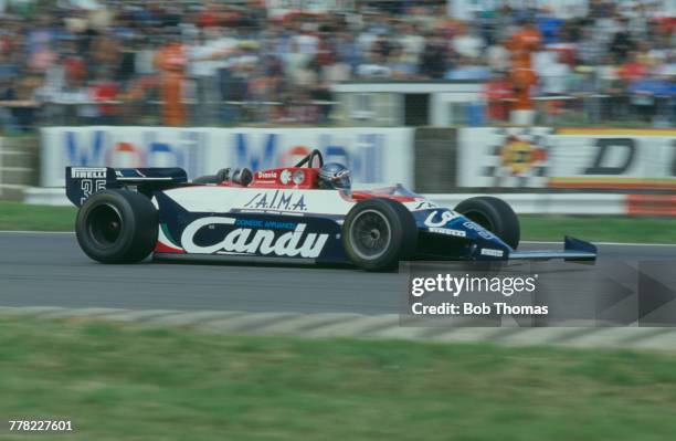 British racing driver Brian Henton drives the Candy Toleman Motorsport Toleman TG181 Hart 415T 1.5 L4 t during qualification for the 1981 British...