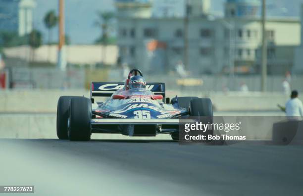 British racing driver Brian Henton drives the Candy Toleman Motorsport Toleman TG181 Hart 415T 1.5 L4 t during qualification for the 1981 Caesars...