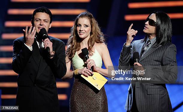Pedro Fernandez, Karla Alvarez, and Elvis Crespo onstage during the 8th annual latin GRAMMY awards held at the Mandalay Bay Events Center on November...