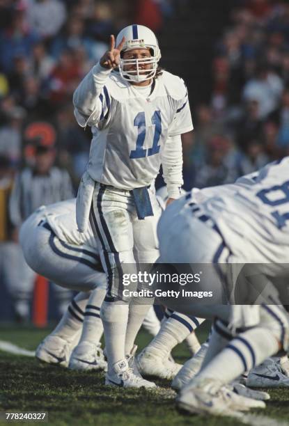 Jeff George, Quarterback for the Indianapolis Colts calls the play on the line of scrimmage during the National Football League AFC East Division...