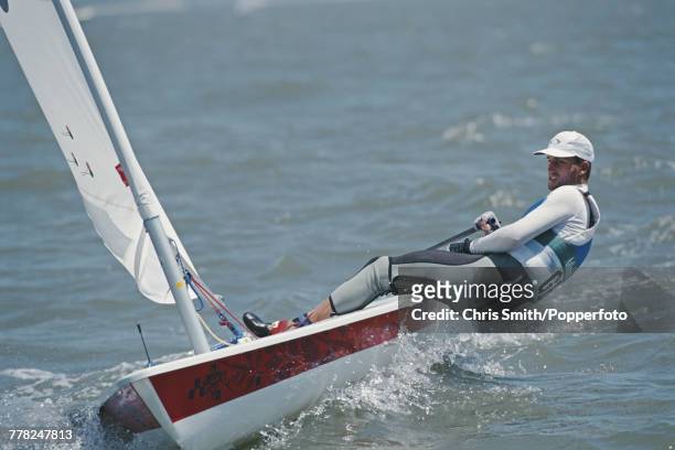 English sailor Ben Ainslie pictured in action during competition to finish in 2nd place to win the silver medal for Great Britain in the Laser class...