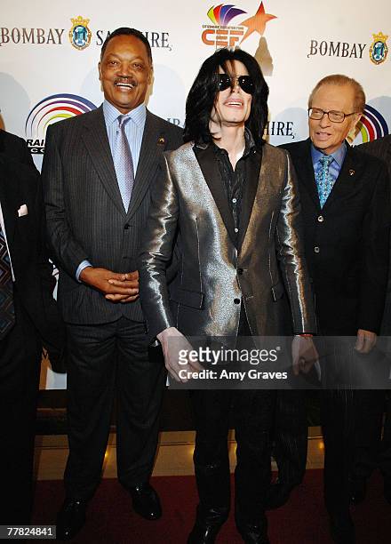 Founder and President of the Rainbow PUSH Coalition Reverend Jesse Jackson, Sr., Singer Michael Jackson and talk show host Larry King attend the VIP...