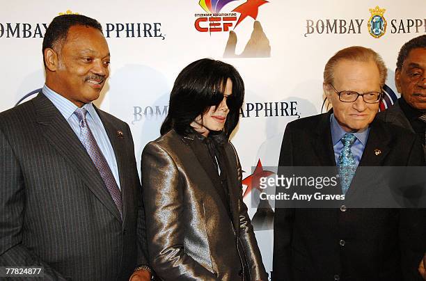 Founder and President of the Rainbow PUSH Coalition Reverend Jesse Jackson, Sr., Singer Michael Jackson and talk show host Larry King attend the VIP...