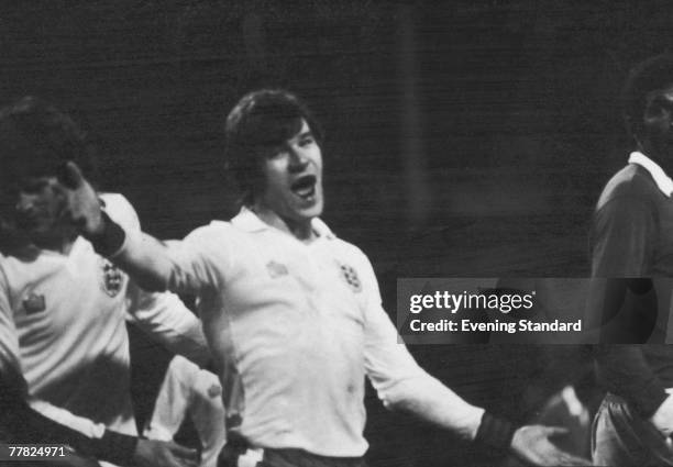 English footballer Malcolm Macdonald celebrates one of his five goals for England in a European Championship Qualifier against Cyprus at Wembley...