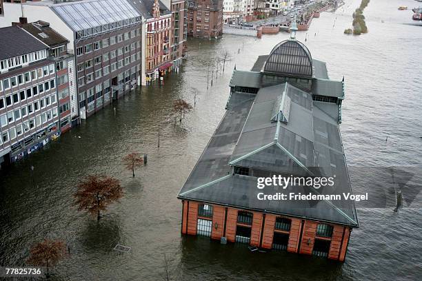 The Fischmarkt is seen during the flood on November 9, 2007 in Hamburg, Germany.