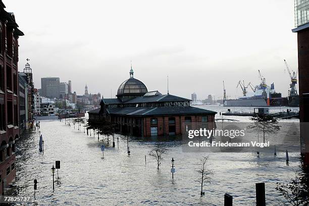 The Fischmarkt is seen during the flood on November 9, 2007 in Hamburg, Germany.