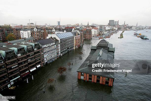 The Fischmarkt is seen during the flood on November 9, 2007 in Hamburg, Germany.