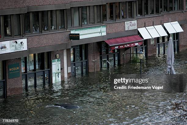 The Fischmarkt is seen during the flood on November 9, 2007 in Hamburg, Germany. The Hamburg fish market and other areas close to the waterfront...