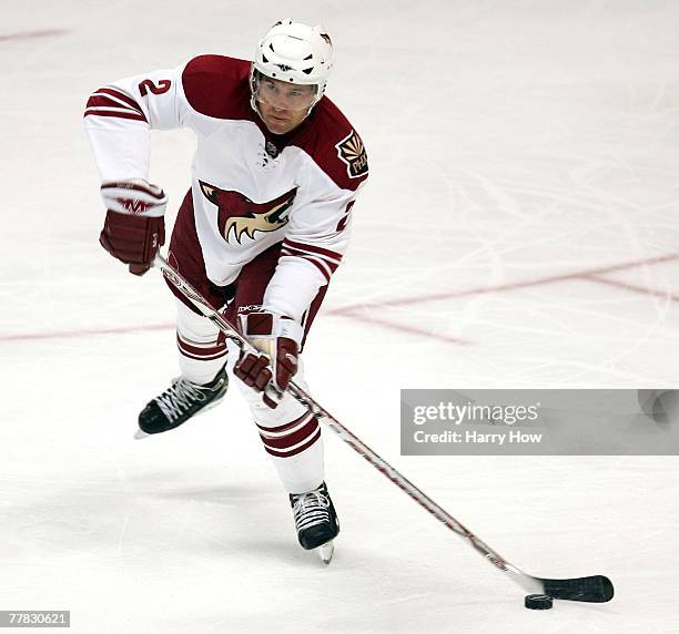 Keith Ballard of the Phoenix Coyotes controls the puck during the NHL game against the Anaheim Ducks at the Honda Center on October 25, 2007 in...
