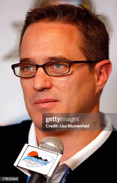 Tom Garfinkel, majority owner of Hall of Fame Racing, speaks during a press conference following practice for the NASCAR Nextel Cup Series Checker...