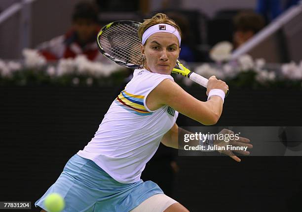 Svetlana Kuznetsova of Russia plays a backhand in her match against Daniela Hantuchova of Slovakia during day four of the Sony Ericsson WTA Tour...