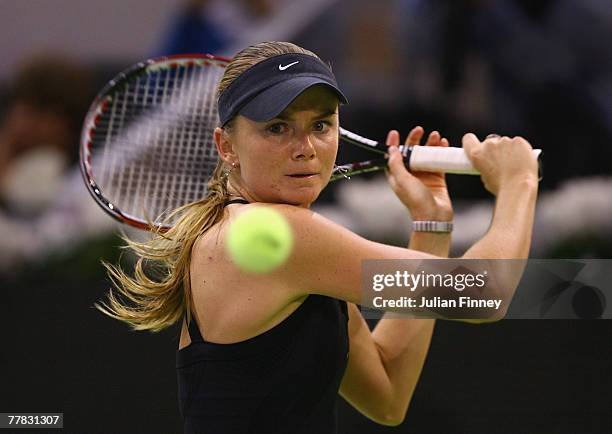 Daniela Hantuchova of Slovakia plays a backhand in her match against Svetlana Kuznetsova of Russia during day four of the Sony Ericsson WTA Tour...