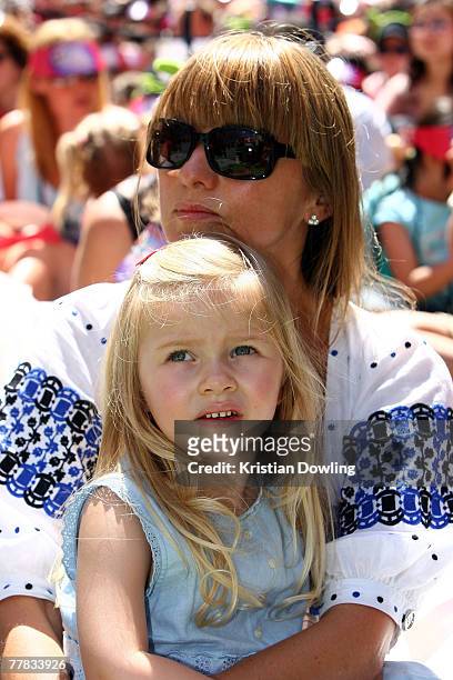 Fashion deisgner Collette Dinnigan and her daughter attend the David Jones Christmas Celebrations to welcome Santa to Melbourne in the Bourke Street...