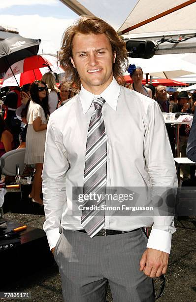 Actor Mark Furze attends the fourth day of the Melbourne Cup Carnival 2007, Emirates Stakes Day, at Flemington Race Course on November 10, 2007 in...