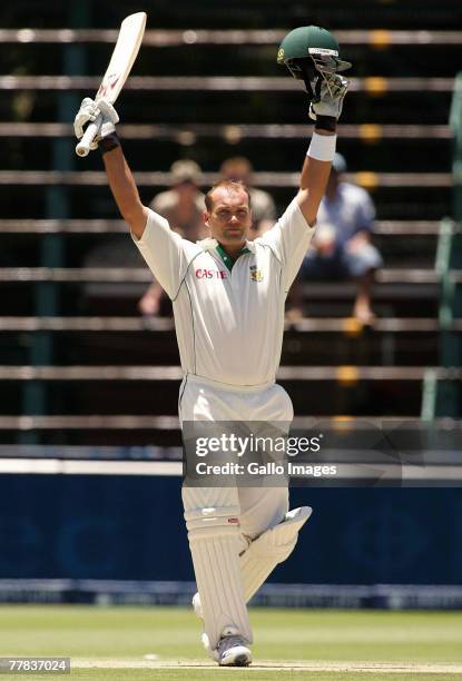 Jacques Kallis of South Africa celebrates his 100 during day three of the 1st test match between South Africa and New Zealand held at the Wanderers...